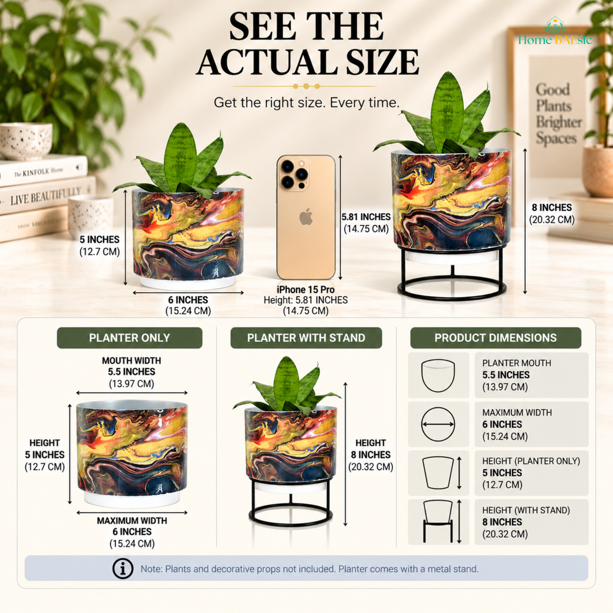 Zenia Storm designer metal tumbler metal planter by Home BAEsic shown with and without its black metal stand, featuring a colorful blue, black, gold and red marble pattern, with size comparison and dimensions of 6 inches wide, 5 inches high as a planter, and 8 inches high with stand.
