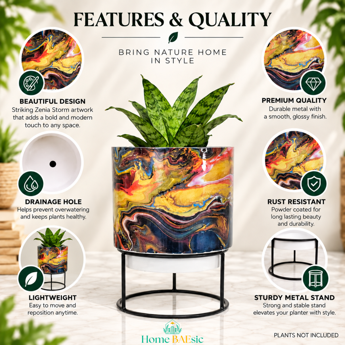 Features & Quality infographic showcasing the Home BAEsic Zenia Storm tumbler metal planter with stand, highlighting its beautiful marbled design, premium glossy metal construction, rust-resistant finish, drainage hole, lightweight build, and sturdy black metal stand. Plant not included.