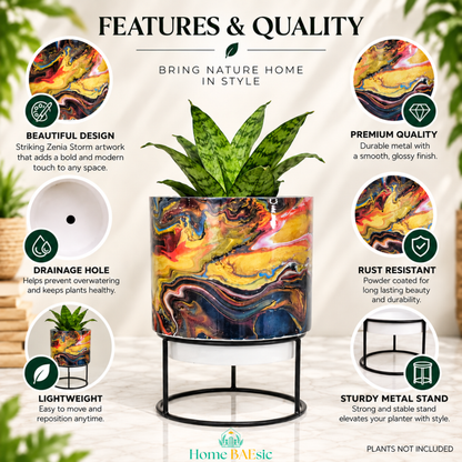 Features & Quality infographic showcasing the Home BAEsic Zenia Storm tumbler metal planter with stand, highlighting its beautiful marbled design, premium glossy metal construction, rust-resistant finish, drainage hole, lightweight build, and sturdy black metal stand. Plant not included.
