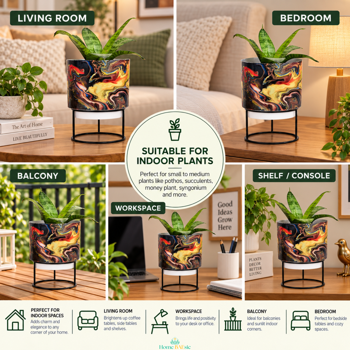 Zenia Storm tumbler metal planter shown in living room, bedroom, balcony, workspace, and shelf settings