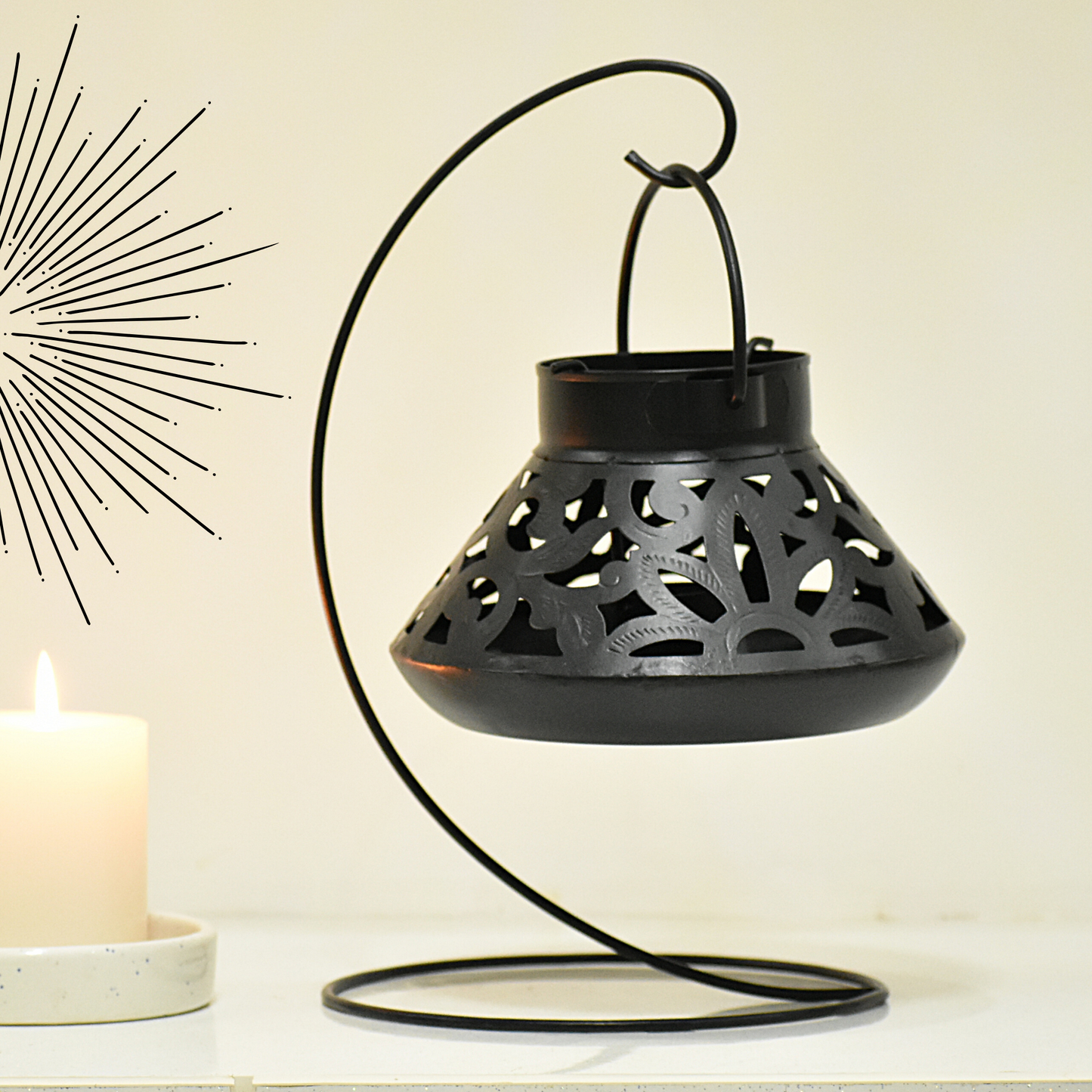 Handcrafted Jali Design Metal Tealight Lantern For Home Decor - Carbon Black