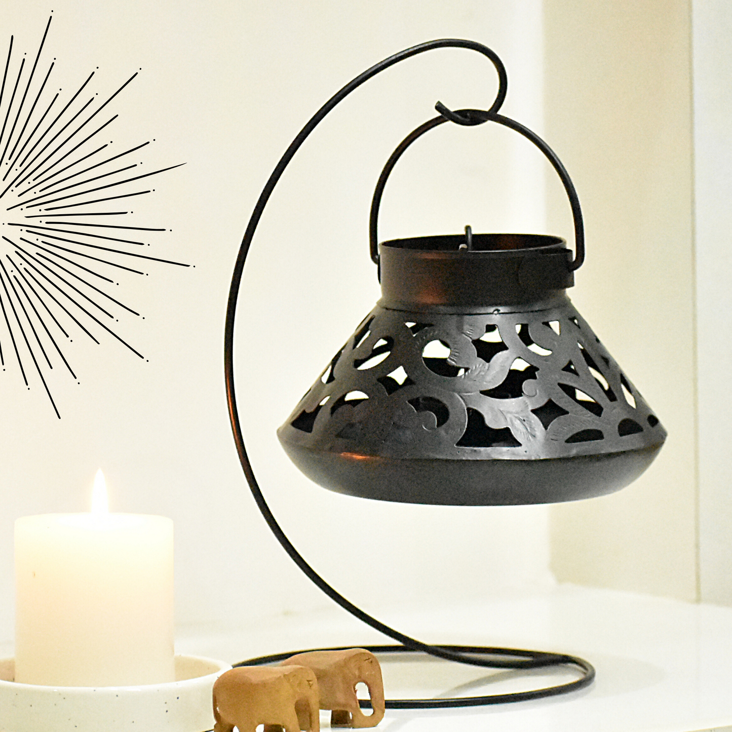 Handcrafted Jali Design Metal Tealight Lantern For Home Decor - Carbon Black
