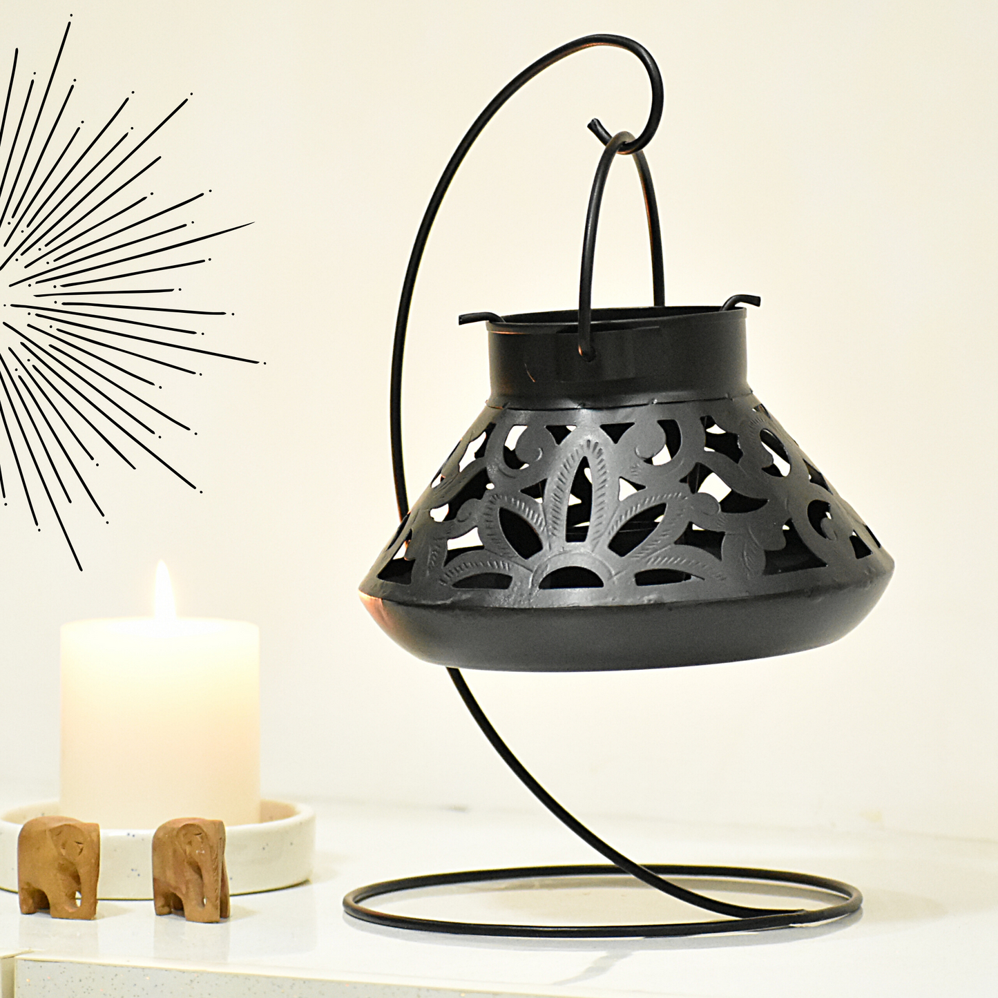 Handcrafted Jali Design Metal Tealight Lantern For Home Decor - Carbon Black