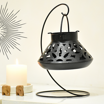 Handcrafted Jali Design Metal Tealight Lantern For Home Decor - Carbon Black