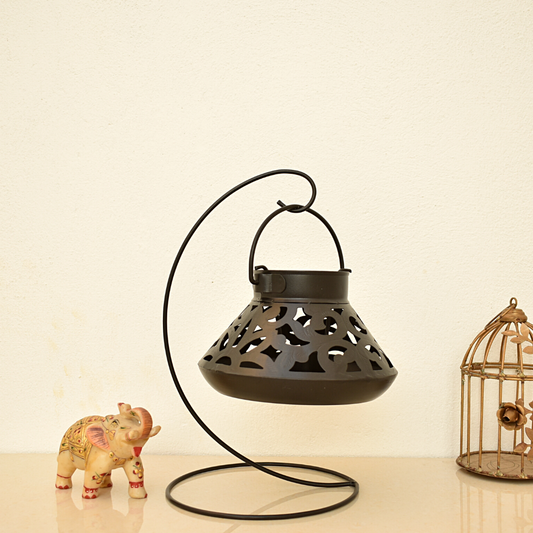 Handcrafted Jali Design Metal Tealight Lantern For Home Decor - Carbon Black