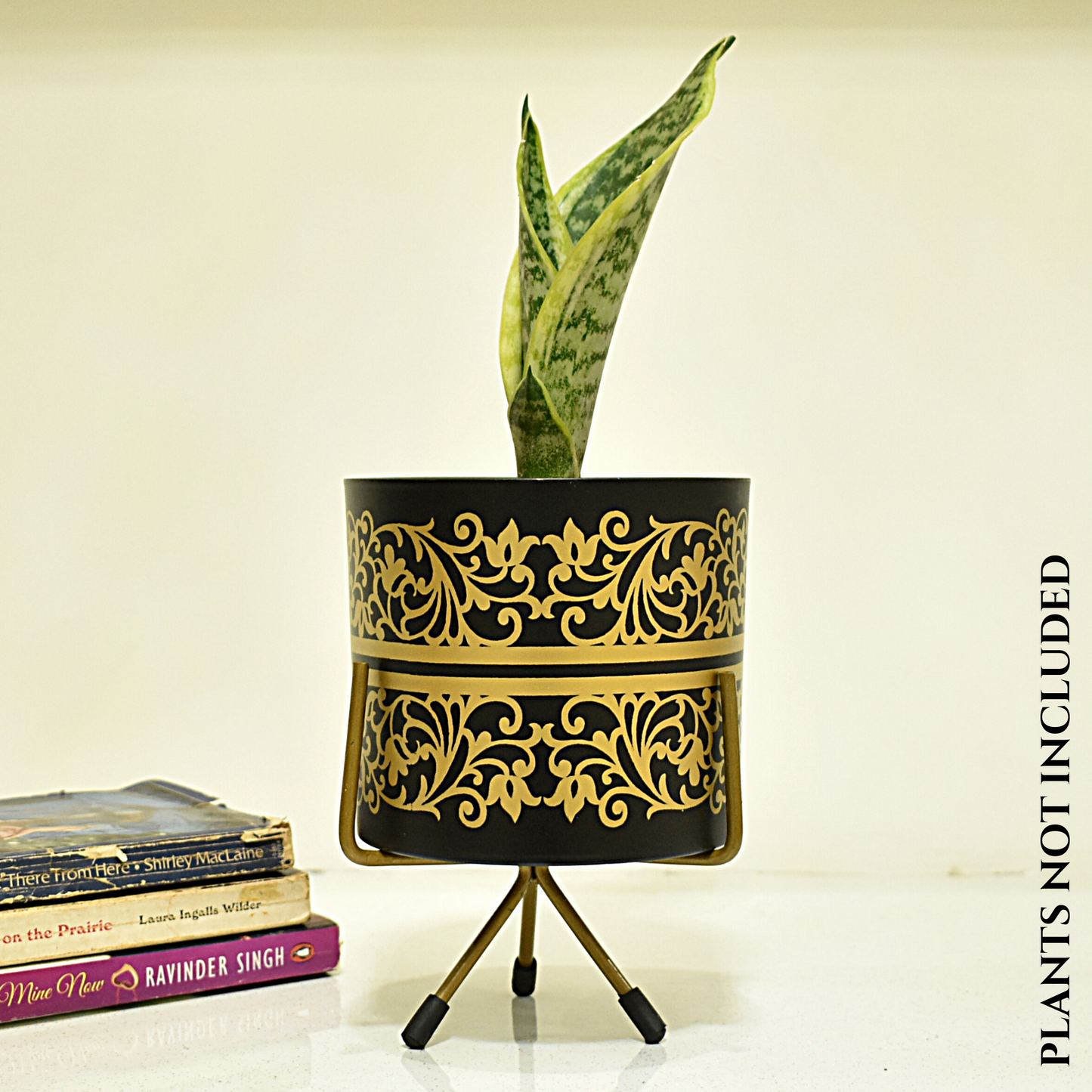 Black & Golden Floral Print Metal Planter With Metal Stand | Home & Garden | 5 Inches