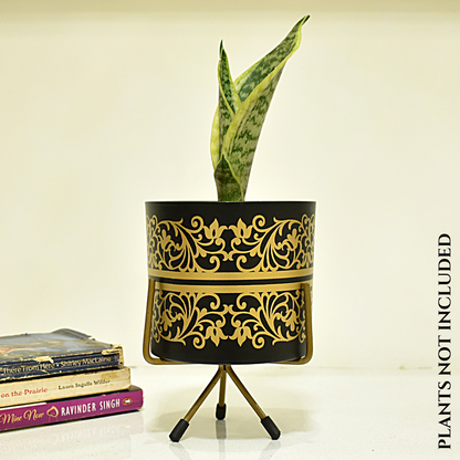 Black & Golden Floral Print Metal Planter With Metal Stand | Home & Garden | 5 Inches