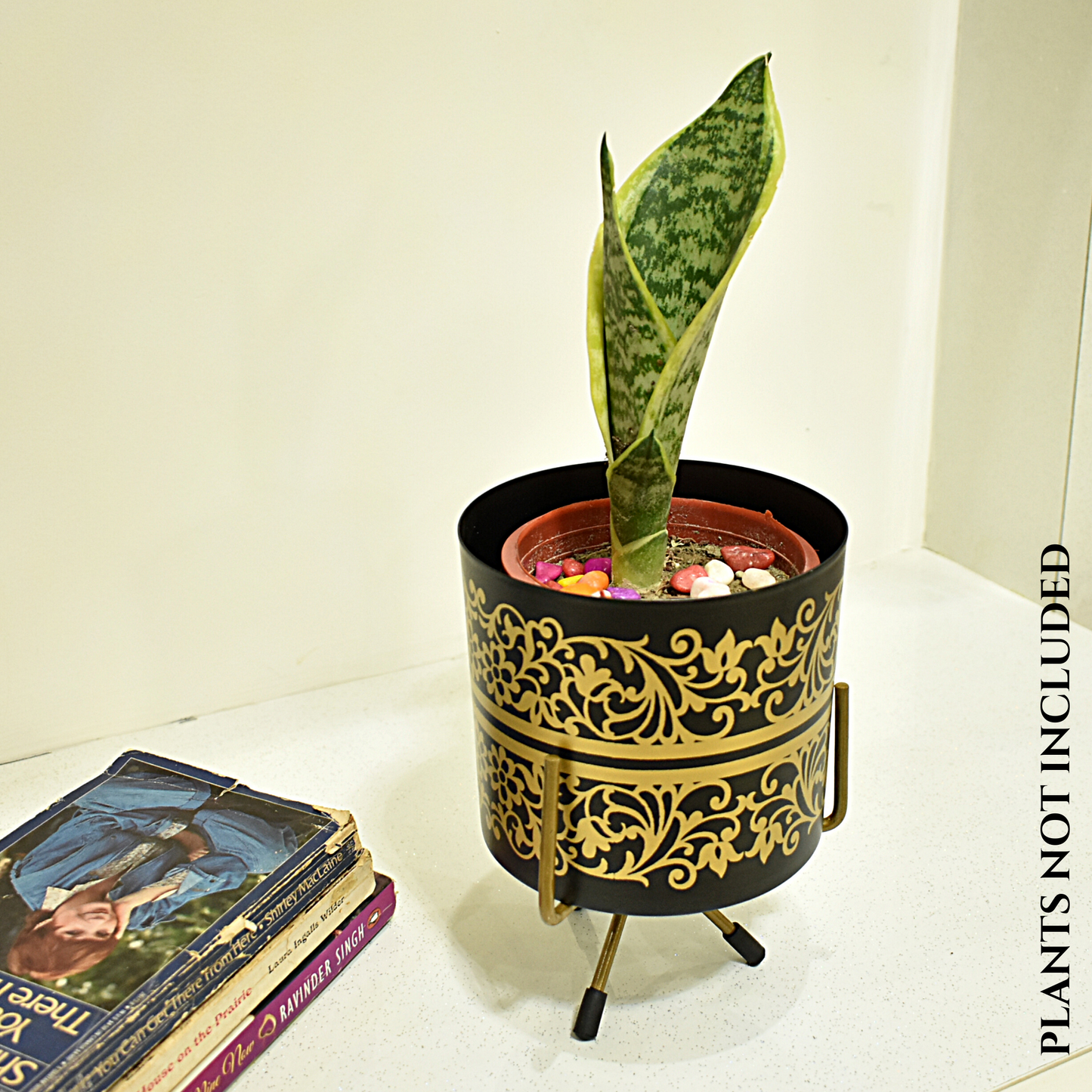 Black & Golden Floral Print Metal Planter With Metal Stand | Home & Garden | 5 Inches