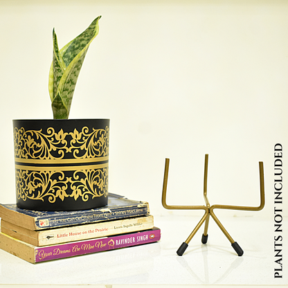 Black & Golden Floral Print Metal Planter With Metal Stand | Home & Garden | 5 Inches