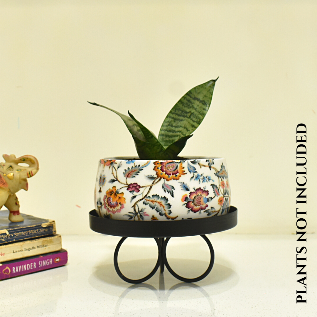 Blossom Paradise Floral Indoor Metal Planter With Tripod Tray Metal Stand | Home & Garden | 6 Inches