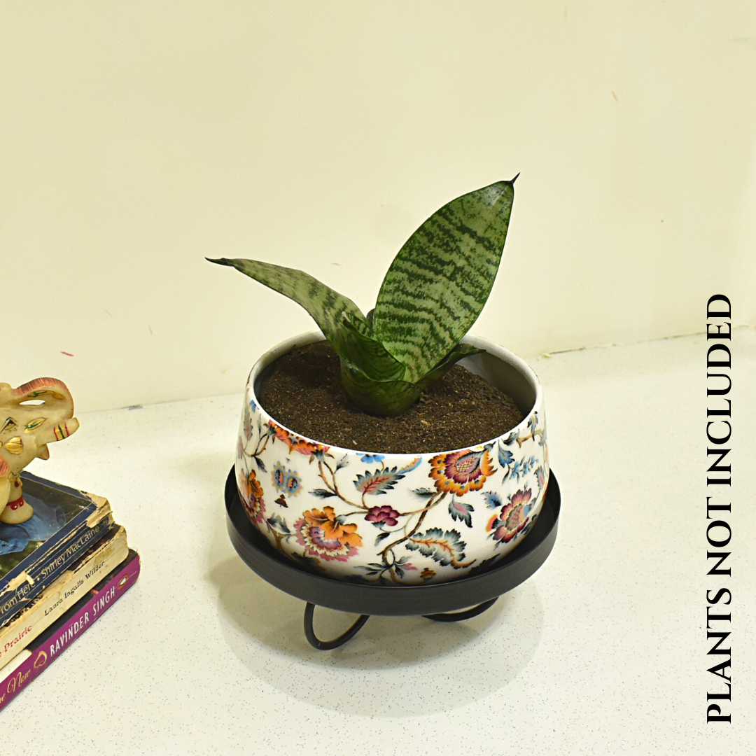 Blossom Paradise Floral Indoor Metal Planter With Tripod Tray Metal Stand | Home & Garden | 6 Inches