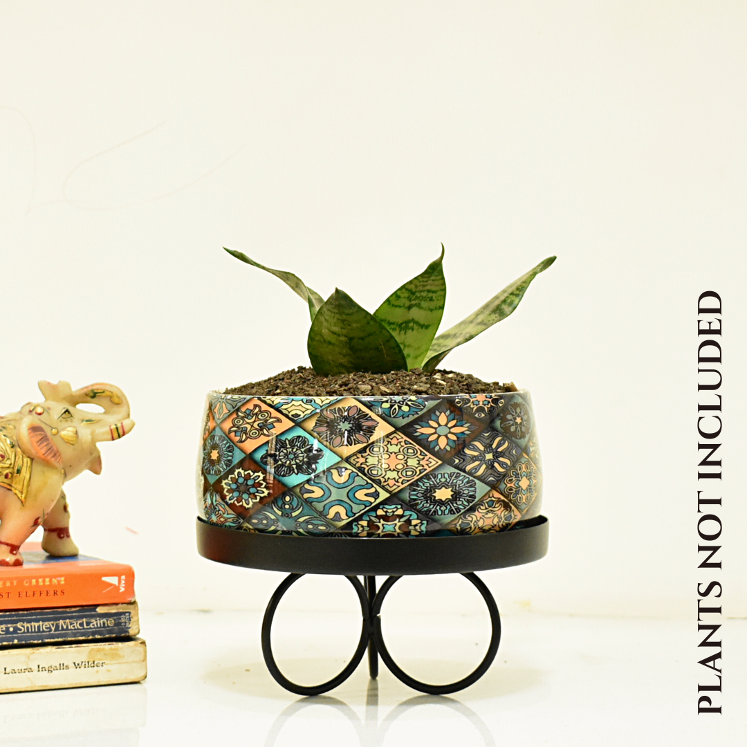 Floral Motif Indoor Metal Planter With Tripod Tray For Home & Garden | Home BAEsic 