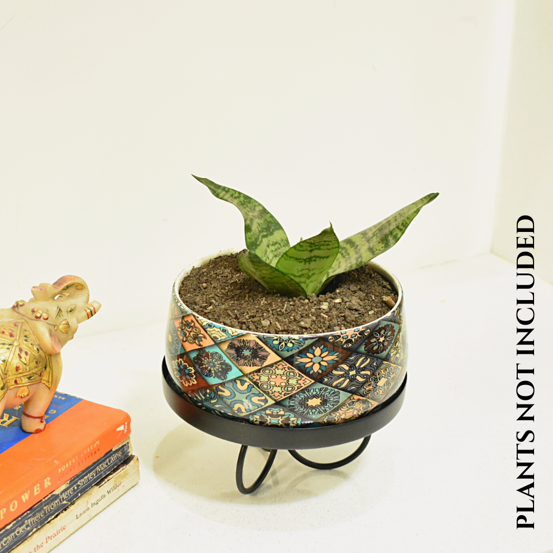 Floral Motif Indoor Metal Planter With Tripod Tray For Home & Garden | Home BAEsic 