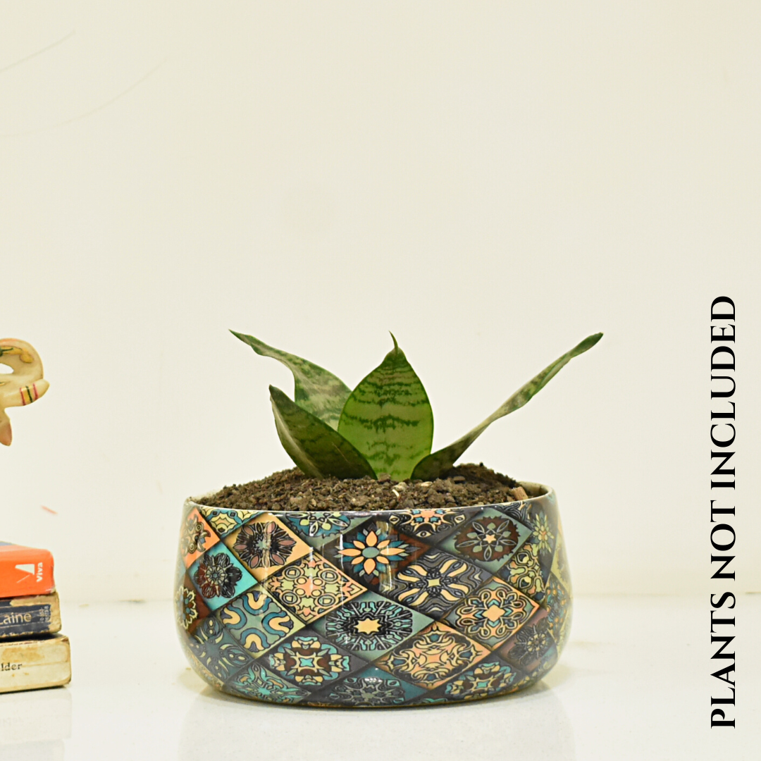 Floral Motif Indoor Metal Planter With Tripod Tray For Home & Garden | Home BAEsic 