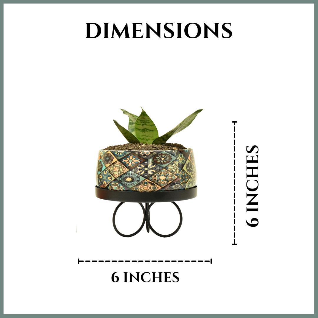 Floral Motif Indoor Metal Planter With Tripod Tray For Home & Garden | Home BAEsic 