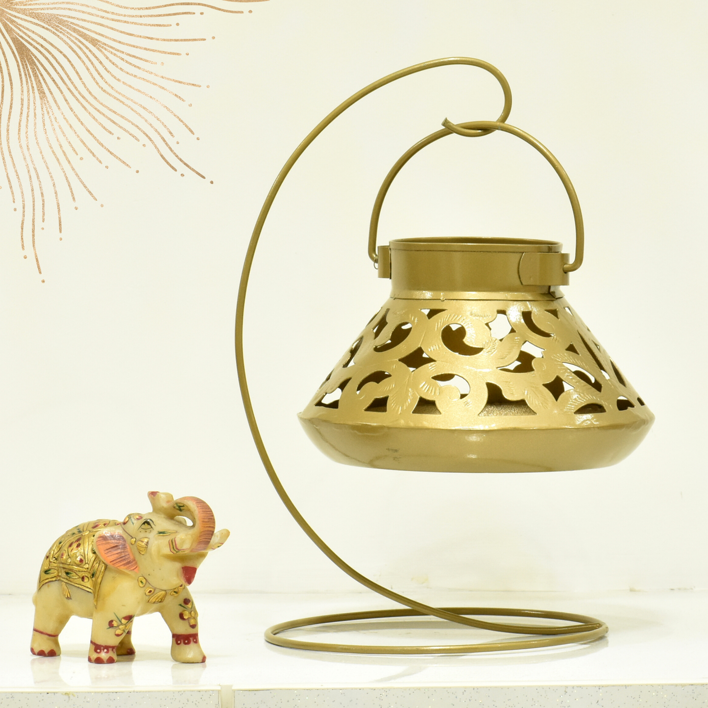 Handcrafted Jali Design Metal Tealight Lantern For Home Decor - Golden Bronze