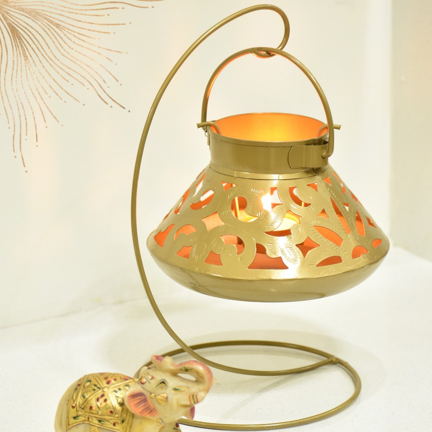 Handcrafted Jali Design Metal Tealight Lantern For Home Decor - Golden Bronze