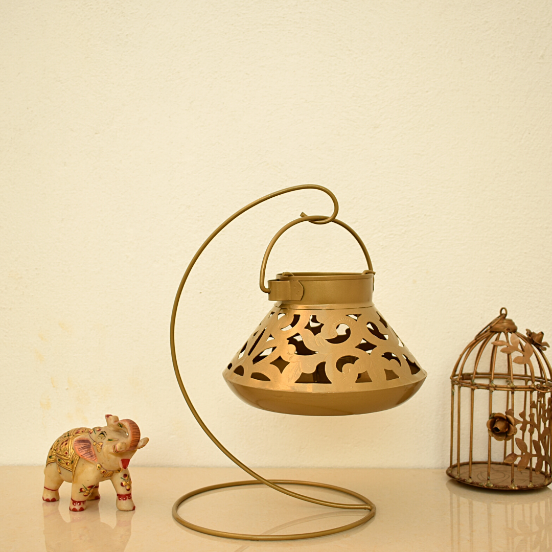 Handcrafted Jali Design Metal Tealight Lantern For Home Decor - Golden Bronze