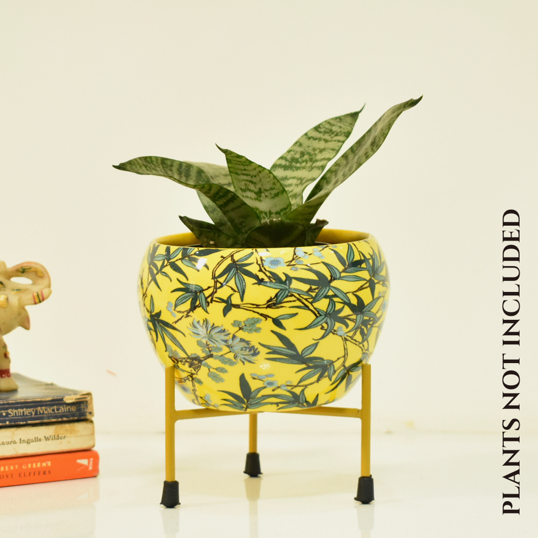 Leafy Yellow Indoor Metal Planter With Metal Stand | Home & Garden | 6 Inches | Home BAEsic