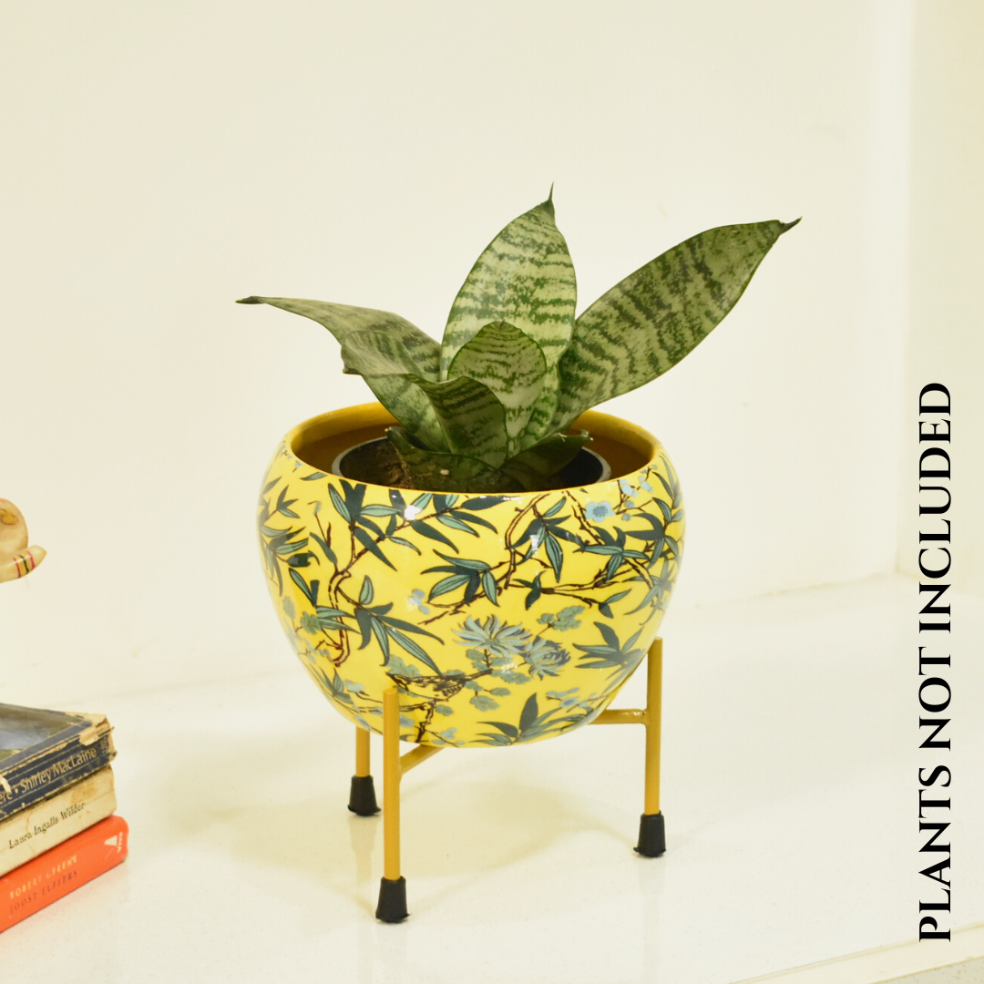 Leafy Yellow Indoor Metal Planter With Metal Stand | Home & Garden | 6 Inches | Home BAEsic