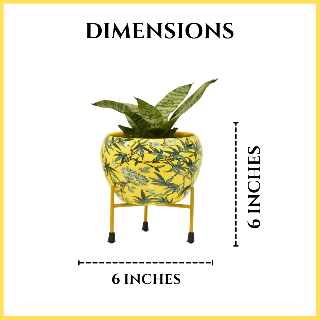 Leafy Yellow Indoor Metal Planter With Metal Stand | Home & Garden | 6 Inches | Home BAEsic