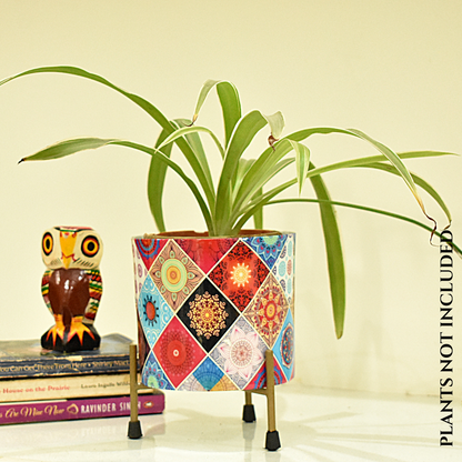 Multicolor Motif Design Metal Pot With Metal Stand | Home & Garden | 5 Inches