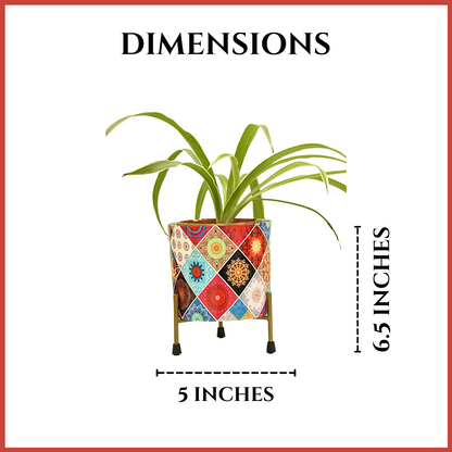 Multicolor Motif Design Metal Pot With Metal Stand | Home & Garden | 5 Inches