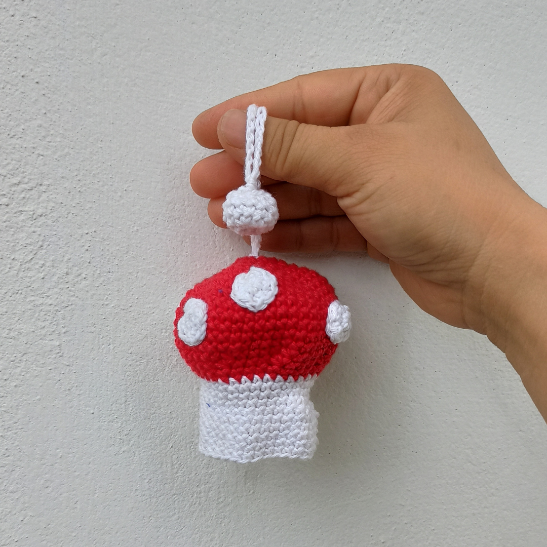 Mushroom Shape Amigurumi Crochet Handmade Retractable Key Chain or Charms | Red | Home BAEsic