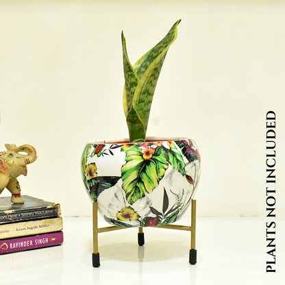 Floral Paradise Design Metal Pot With Metal Stand | Home & Garden | 6 Inches