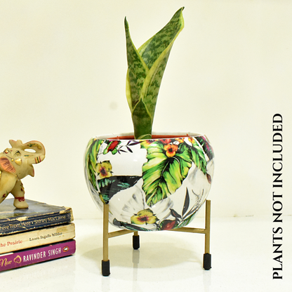 Floral Paradise Design Metal Pot With Metal Stand | Home & Garden | 6 Inches