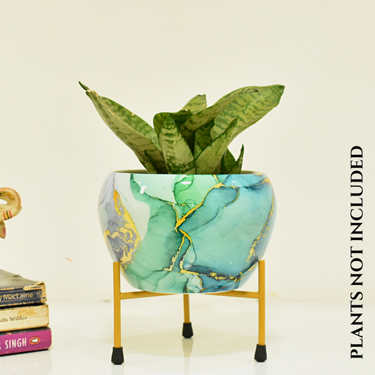 Turquoise Gold Indoor Metal Planter With Metal Stand | Home & Garden | 6 Inches