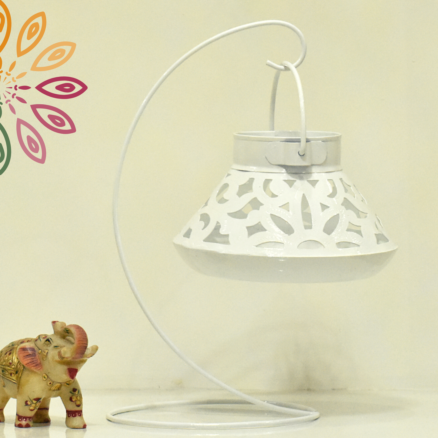 Handcrafted Jali Design Metal Tealight Lantern For Home Decor - Pearl White