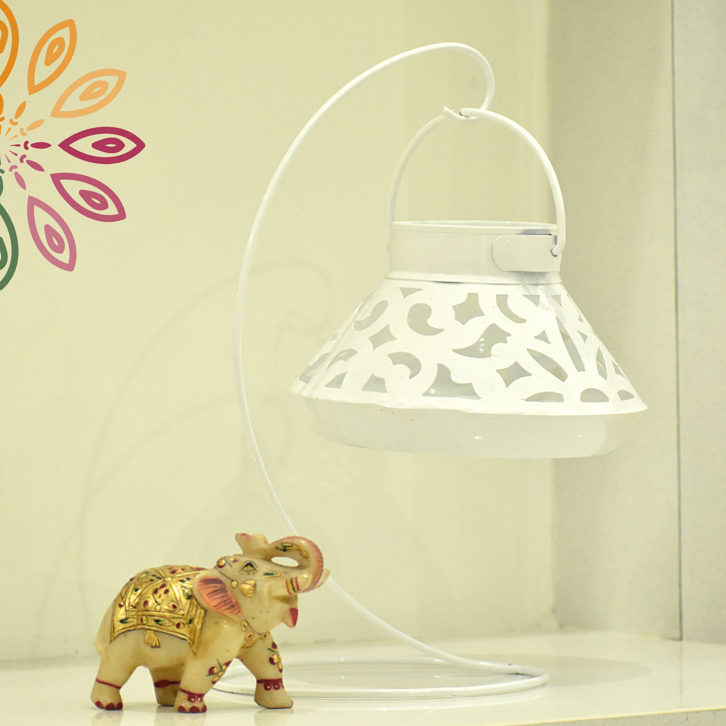 Handcrafted Jali Design Metal Tealight Lantern For Home Decor - Pearl White
