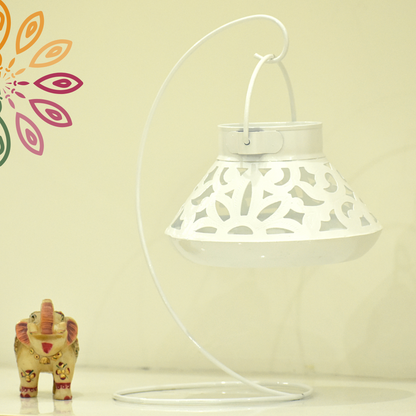 Handcrafted Jali Design Metal Tealight Lantern For Home Decor - Pearl White
