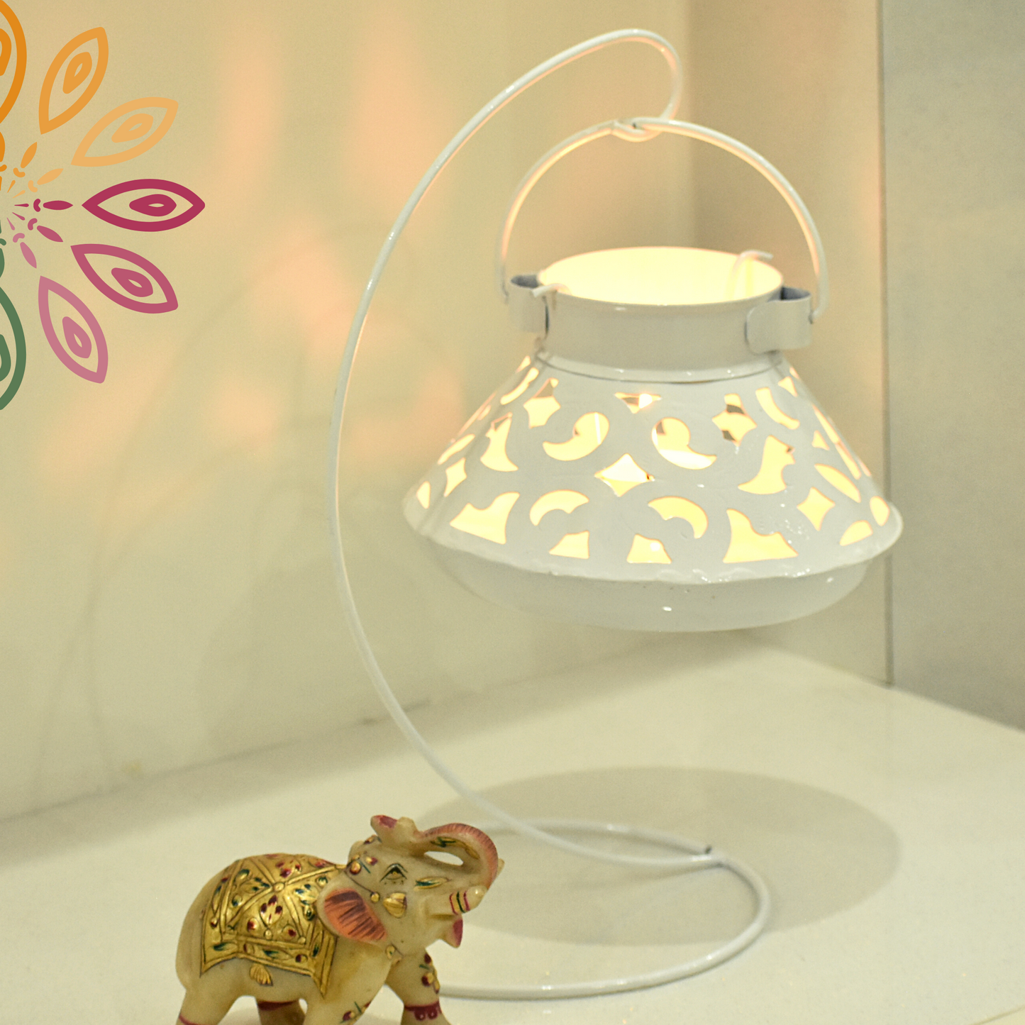 Handcrafted Jali Design Metal Tealight Lantern For Home Decor - Pearl White