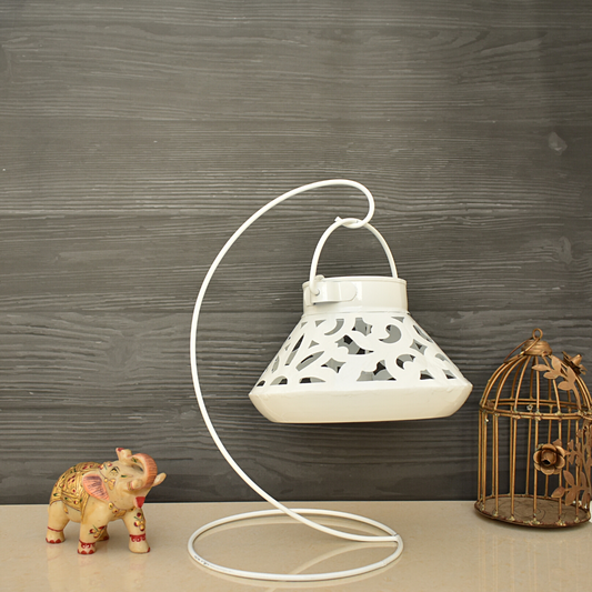 Handcrafted Jali Design Metal Tealight Lantern For Home Decor - Pearl White