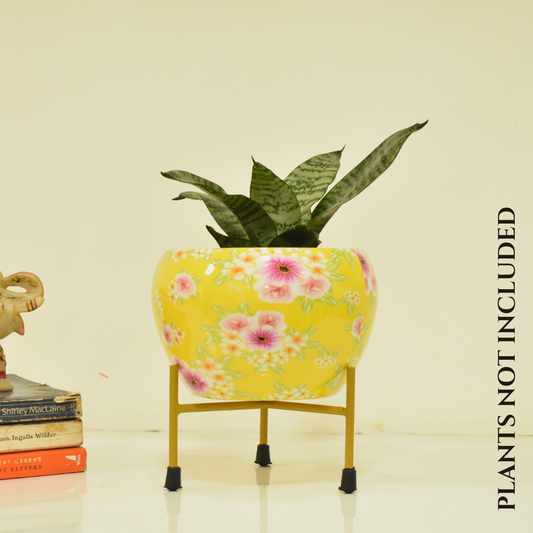 Yellow Bloom Floral Indoor Metal Planter With Metal Stand | Home & Garden | 6 Inches | Home BAEsic