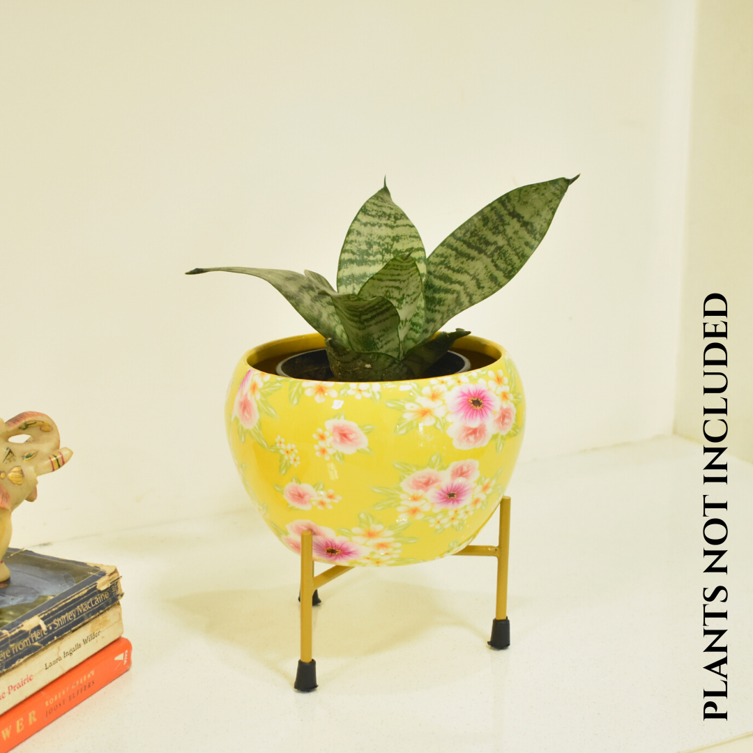 Yellow Bloom Floral Indoor Metal Planter With Metal Stand | Home & Garden | 6 Inches | Home BAEsic