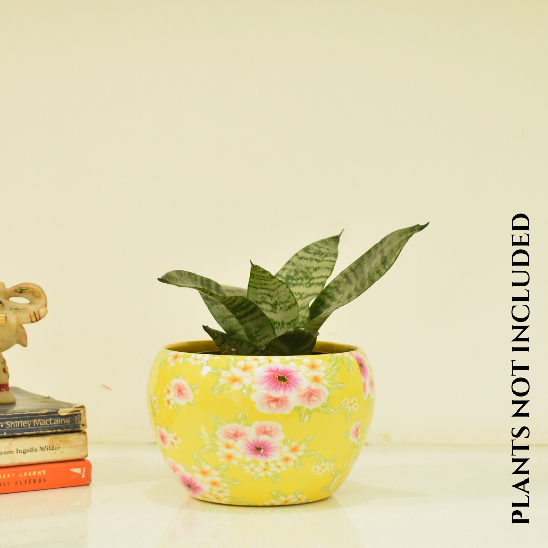 Yellow Bloom Floral Indoor Metal Planter With Metal Stand | Home & Garden | 6 Inches | Home BAEsic