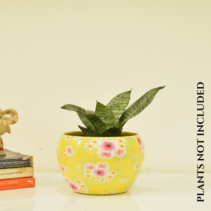 Yellow Bloom Floral Indoor Metal Planter With Metal Stand | Home & Garden | 6 Inches | Home BAEsic