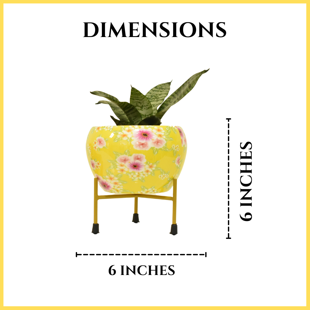 Yellow Bloom Floral Indoor Metal Planter With Metal Stand | Home & Garden | 6 Inches | Home BAEsic