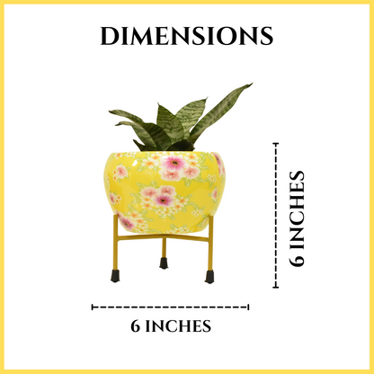 Yellow Bloom Floral Indoor Metal Planter With Metal Stand | Home & Garden | 6 Inches | Home BAEsic